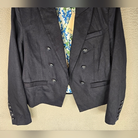 Elie Tahari Womens Linen Blend Crop Blazer Sz 8 Crest Buttons Open Front Lined - Picture 3 of 15